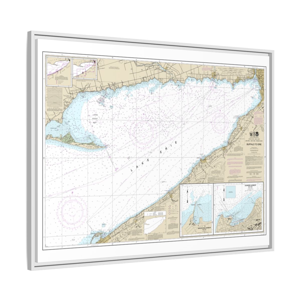 Chart 14838 Buffalo to Erie;Dunkirk;Barcelone Harbor - NOAA Nautical Chart Floating Frame Canvas | 32" x 24" | 40" x 30" - White side