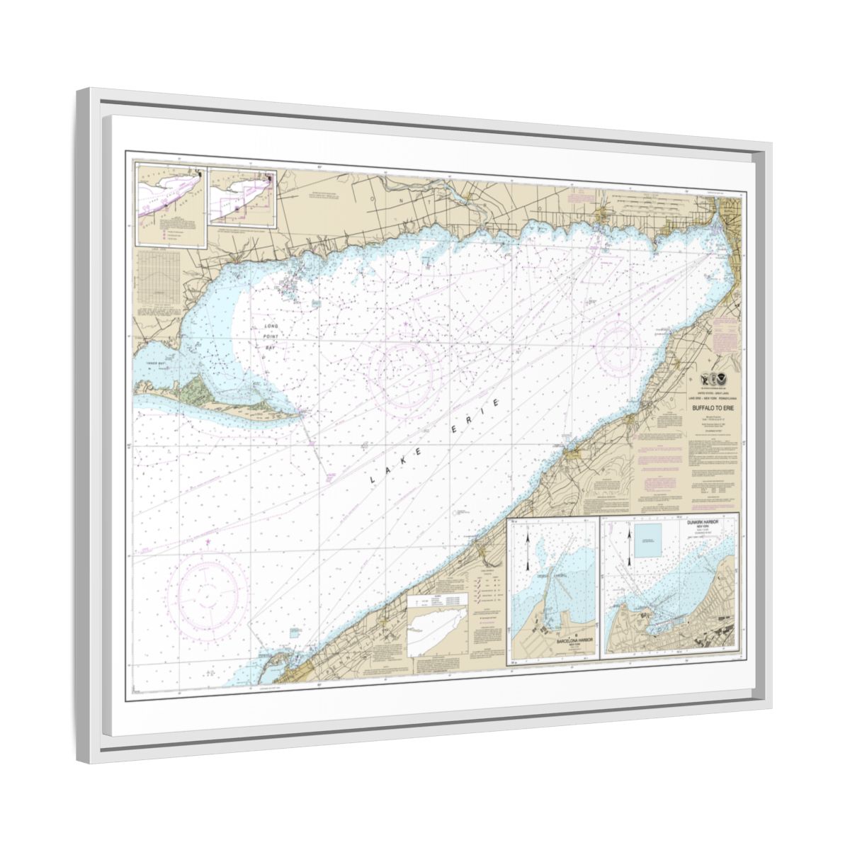 Chart 14838 Buffalo to Erie;Dunkirk;Barcelone Harbor - NOAA Nautical Chart Floating Frame Canvas | 32" x 24" | 40" x 30" - White side