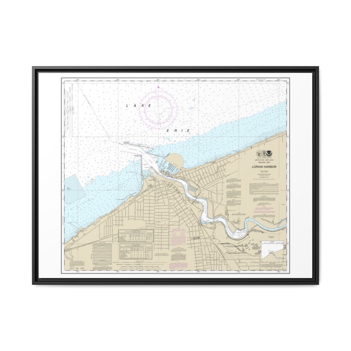 Chart 14841 Lorain Harbor - NOAA Nautical Chart Floating Frame Canvas | 32" x 24" | 40" x 30" - Black front