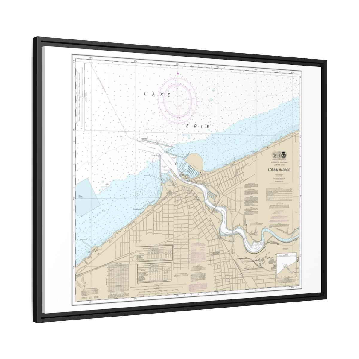 Chart 14841 Lorain Harbor - NOAA Nautical Chart Floating Frame Canvas | 32" x 24" | 40" x 30" - Black side