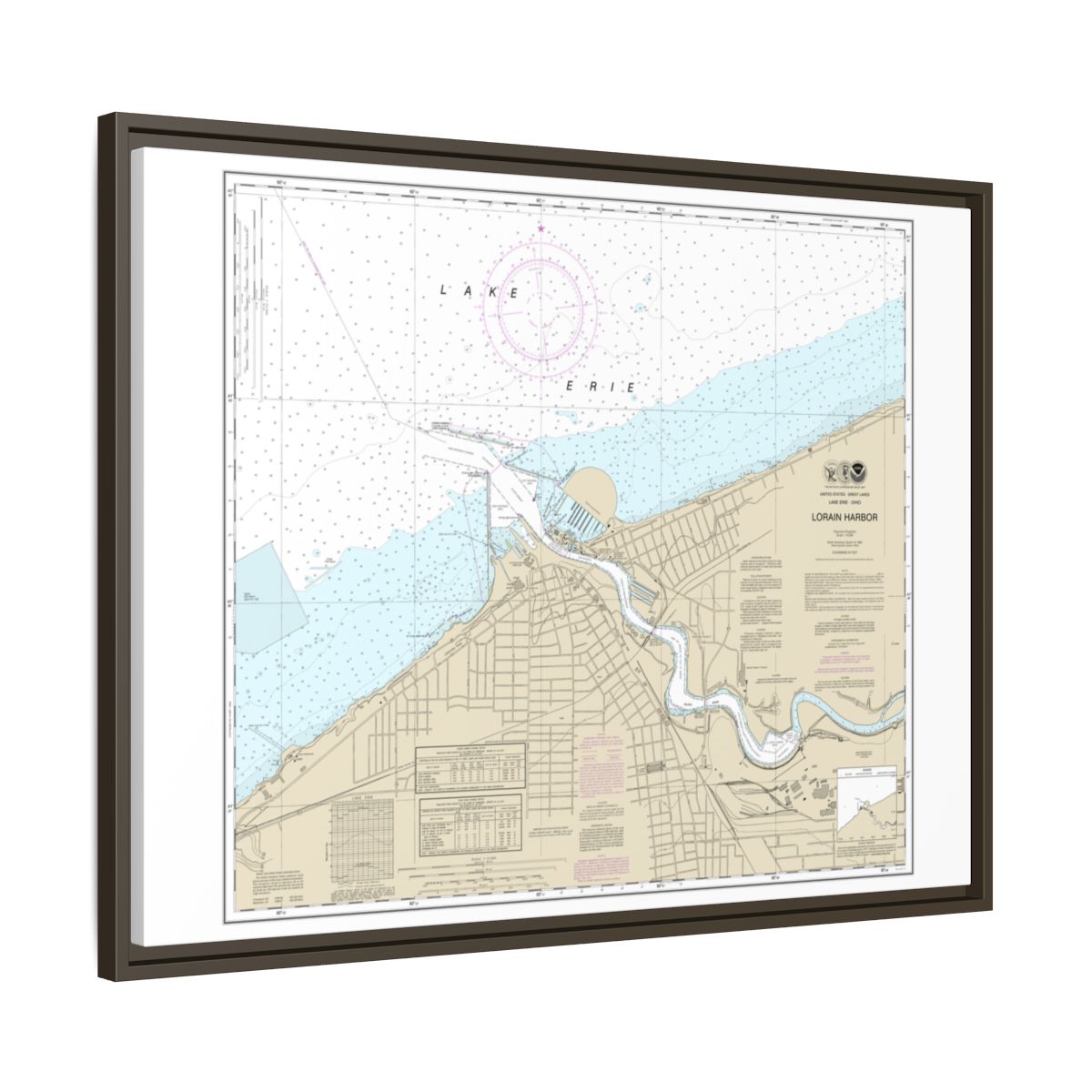 Chart 14841 Lorain Harbor - NOAA Nautical Chart Floating Frame Canvas | 32" x 24" | 40" x 30" - Espresso side