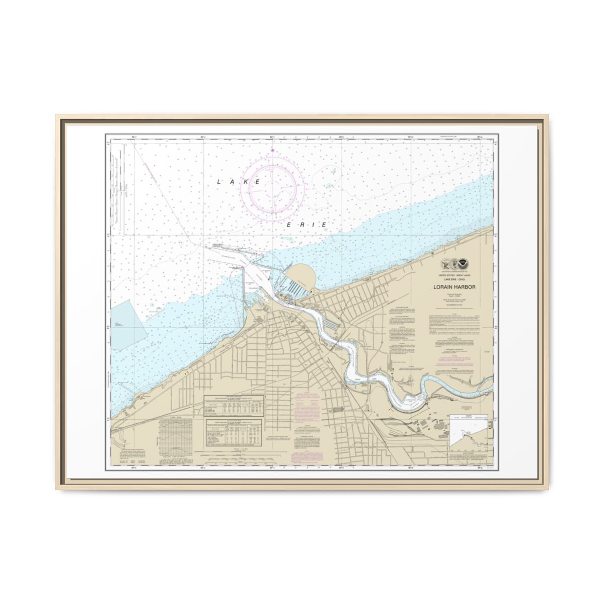 Chart 14841 Lorain Harbor - NOAA Nautical Chart Floating Frame Canvas | 32" x 24" | 40" x 30" - Natural front