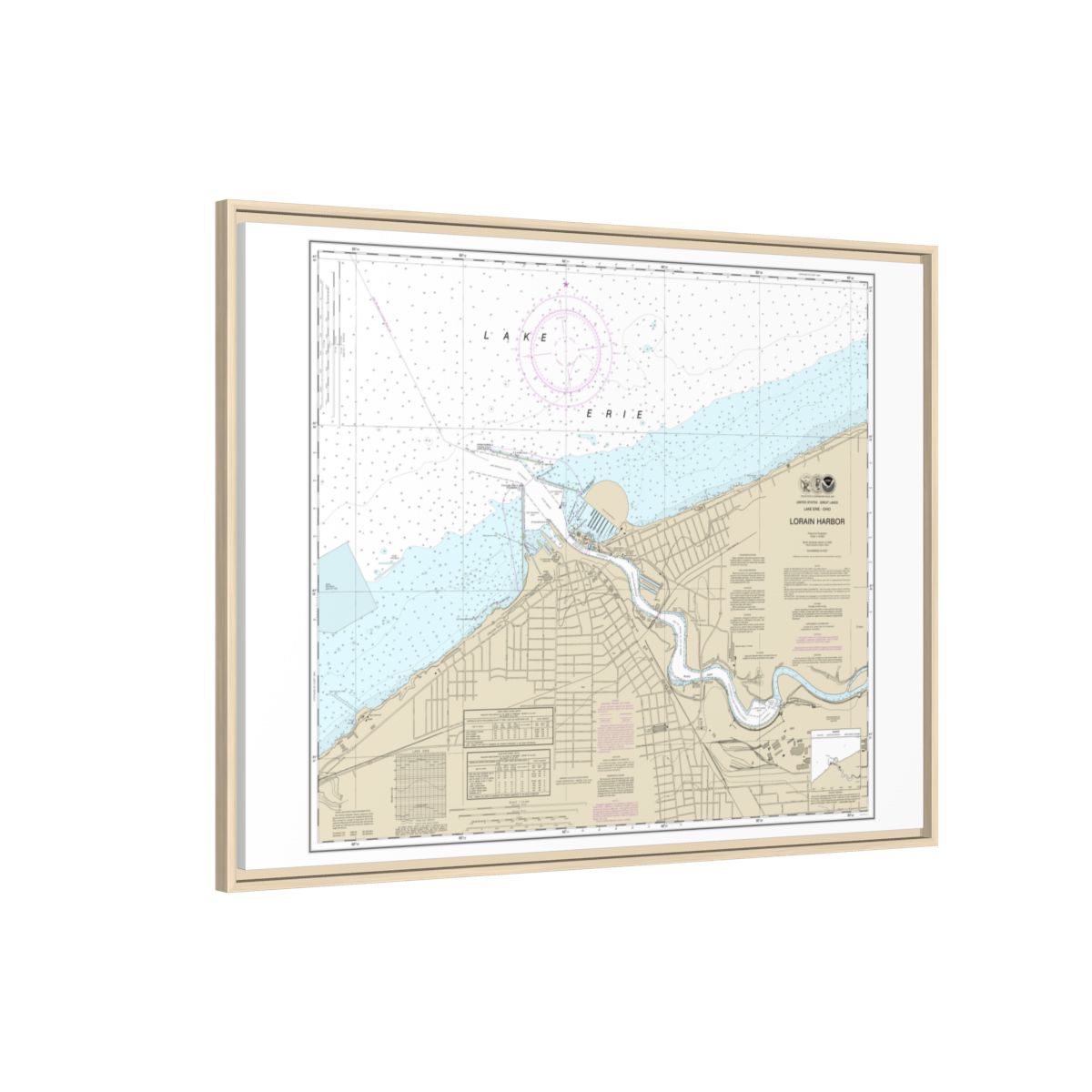 Chart 14841 Lorain Harbor - NOAA Nautical Chart Floating Frame Canvas | 32" x 24" | 40" x 30" - Natural side