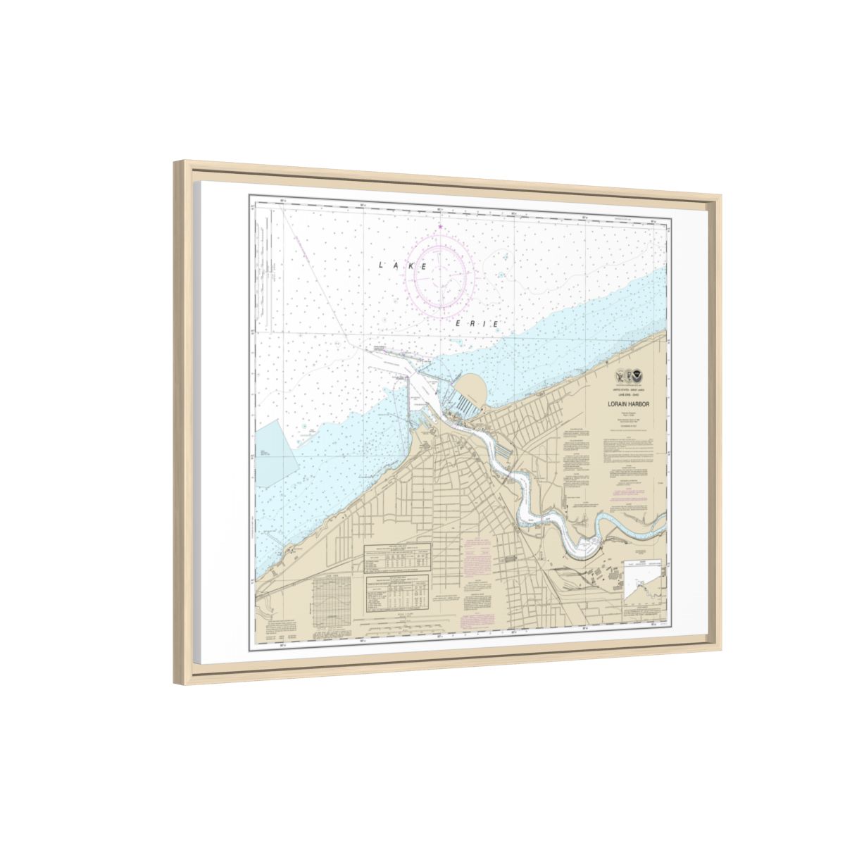 Chart 14841 Lorain Harbor - NOAA Nautical Chart Floating Frame Canvas | 32" x 24" | 40" x 30" - Natural side