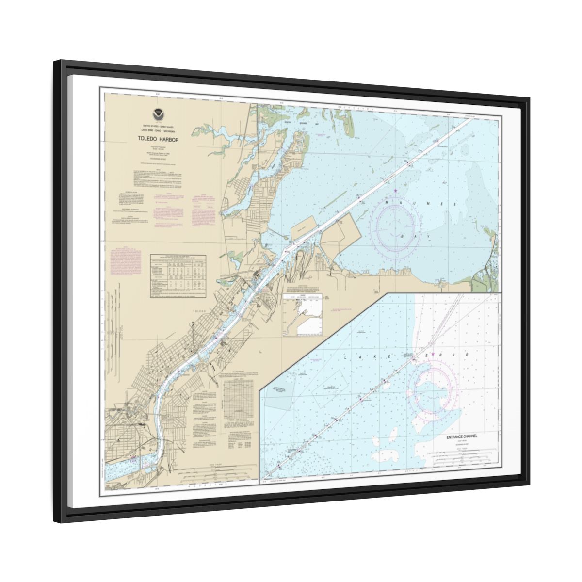 Chart 14847 Toledo Harbor;Entrance Channel to Harbor - NOAA Nautical Chart Floating Frame Canvas | 32" x 24" | 40" x 30" - Black side
