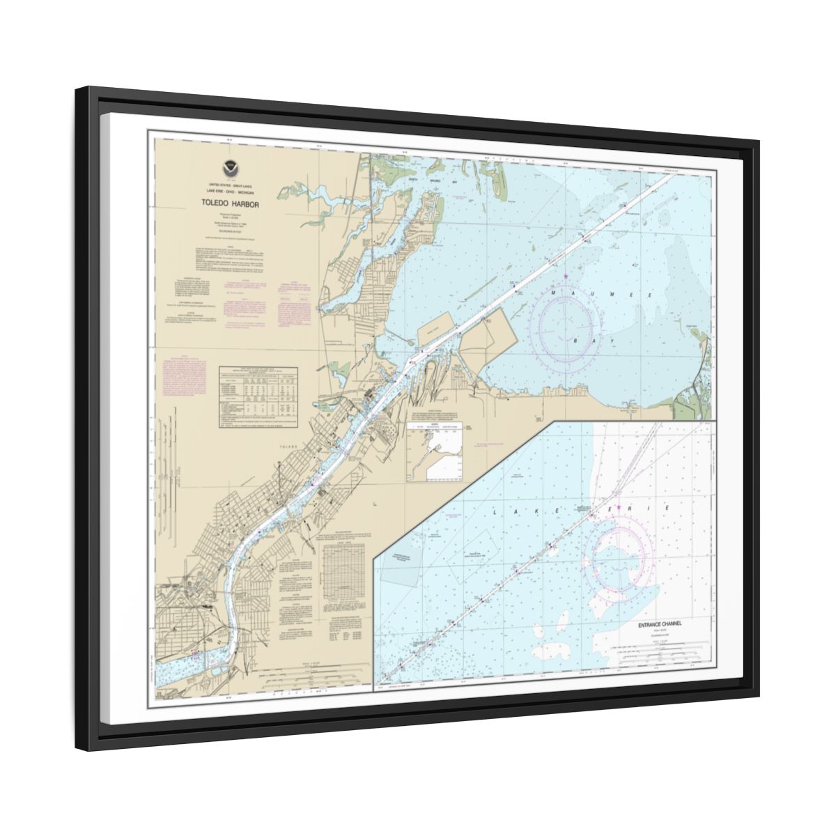 Chart 14847 Toledo Harbor;Entrance Channel to Harbor - NOAA Nautical Chart Floating Frame Canvas | 32" x 24" | 40" x 30" - Black side