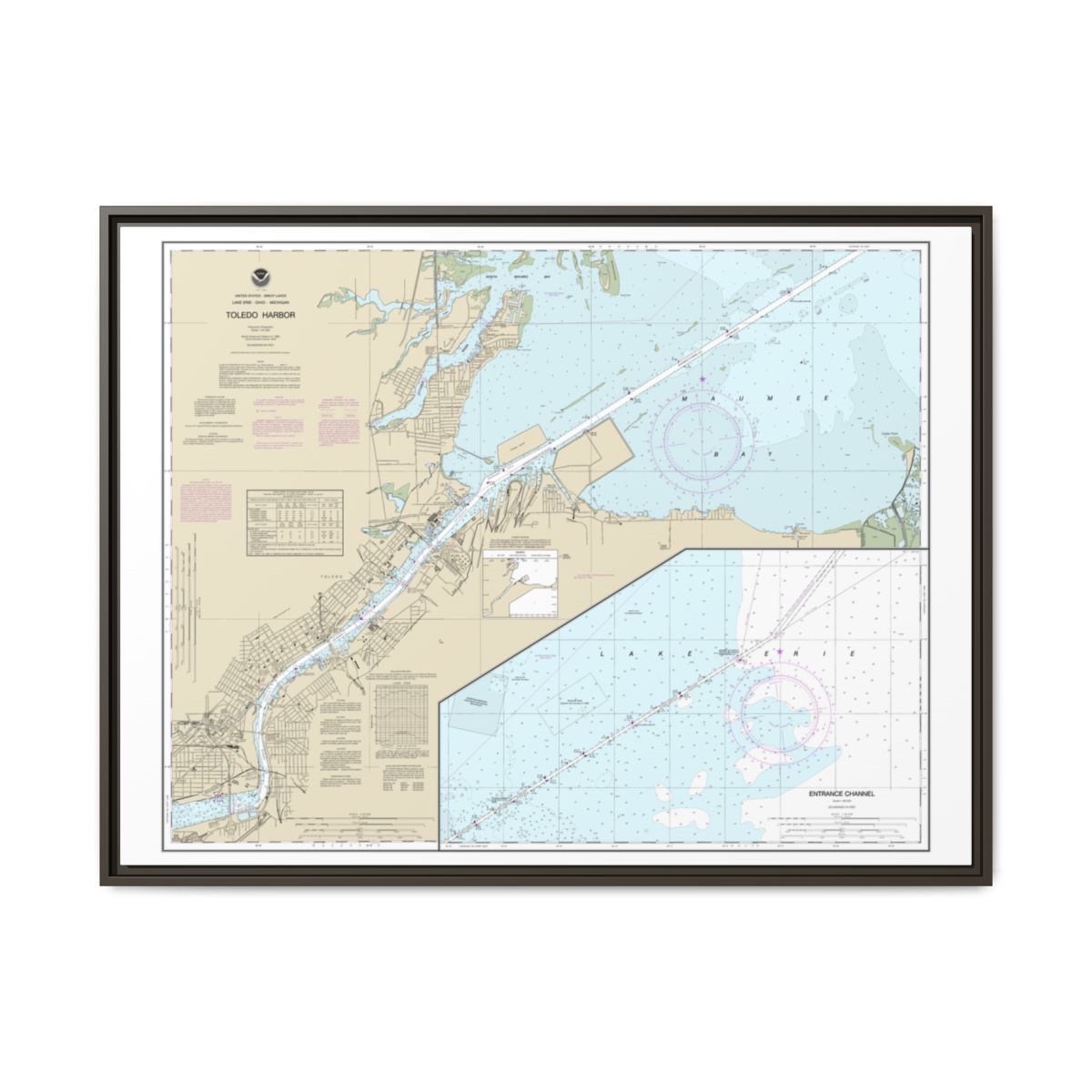 Chart 14847 Toledo Harbor;Entrance Channel to Harbor - NOAA Nautical Chart Floating Frame Canvas | 32" x 24" | 40" x 30" - Espresso front
