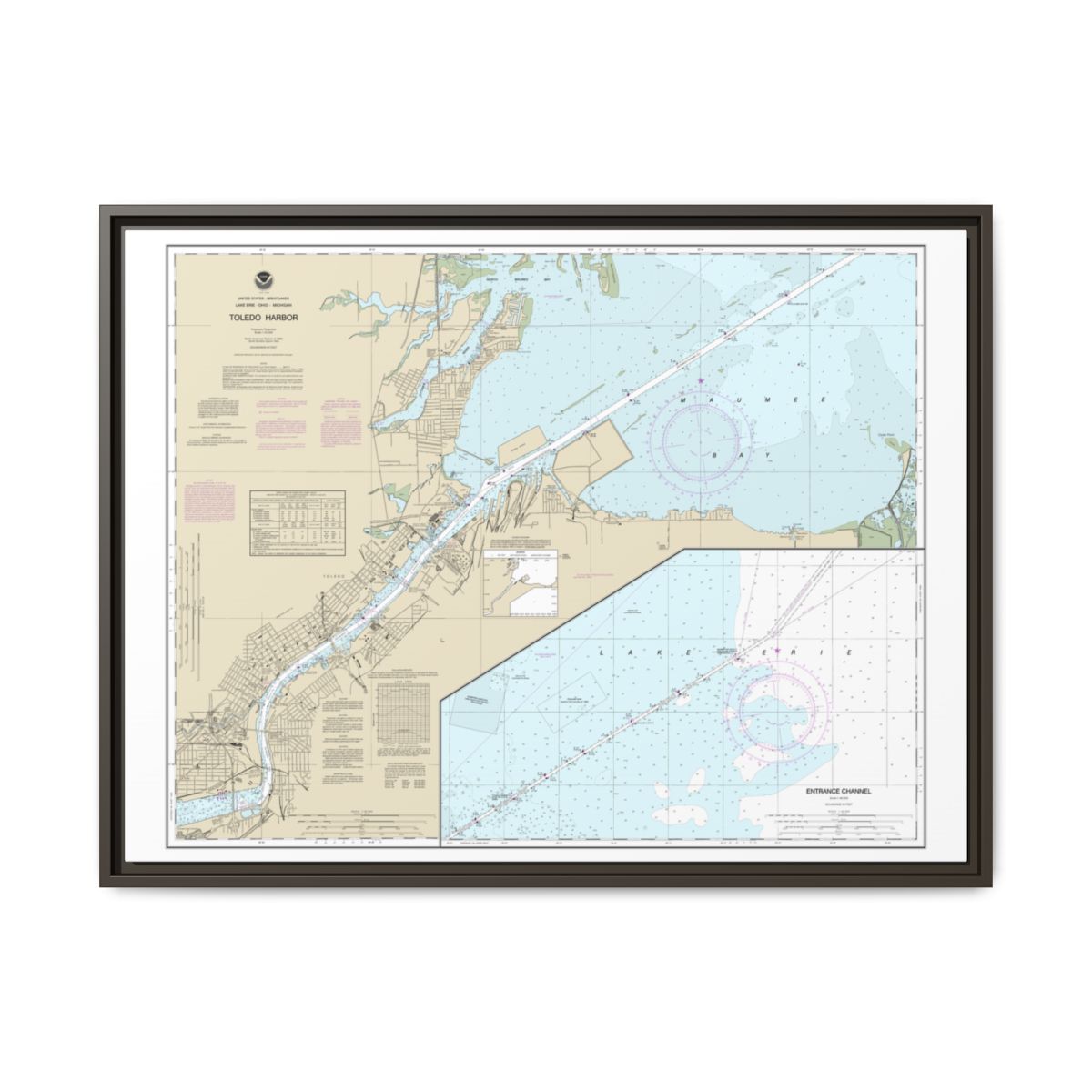 Chart 14847 Toledo Harbor;Entrance Channel to Harbor - NOAA Nautical Chart Floating Frame Canvas | 32" x 24" | 40" x 30" - Espresso front