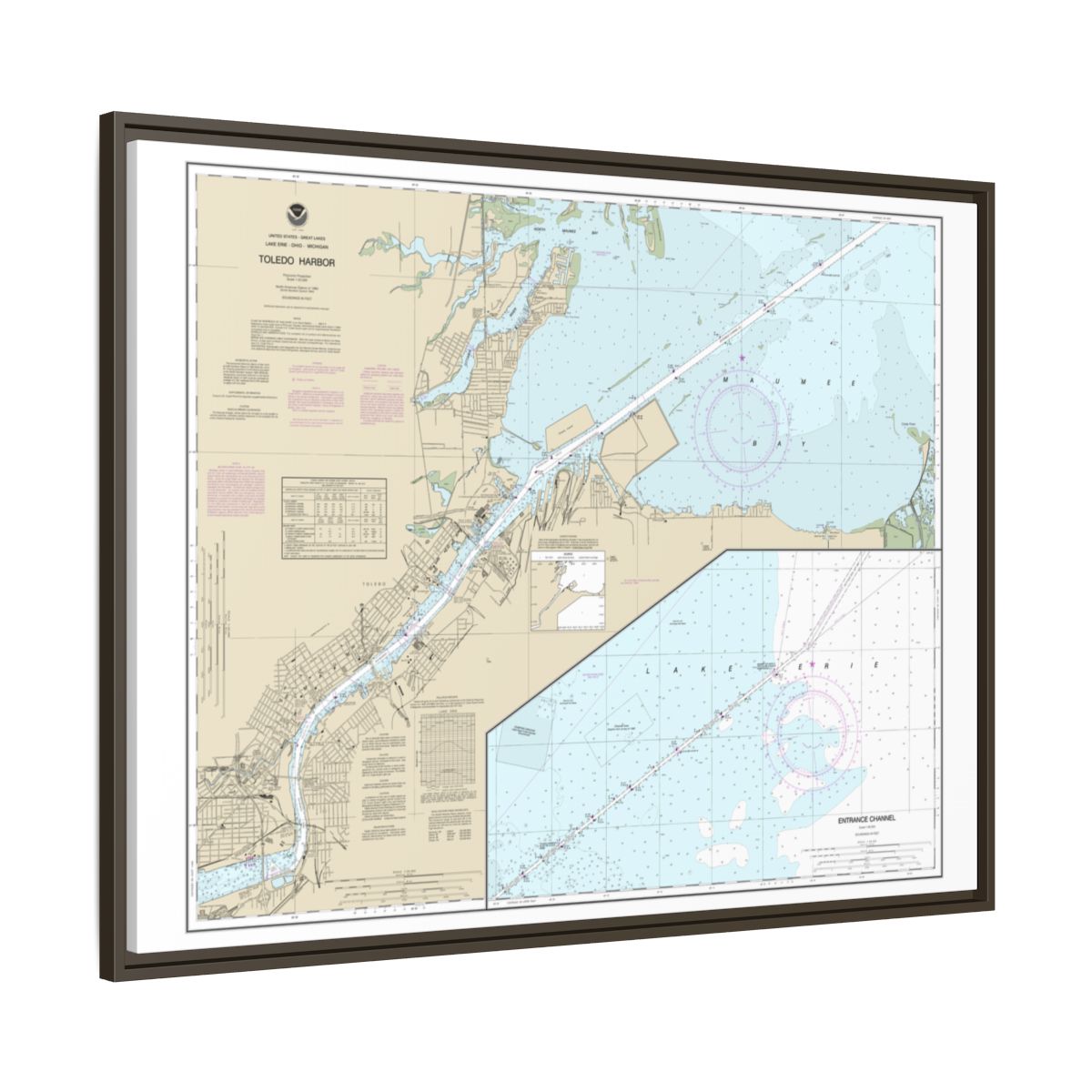 Chart 14847 Toledo Harbor;Entrance Channel to Harbor - NOAA Nautical Chart Floating Frame Canvas | 32" x 24" | 40" x 30" - Espresso side