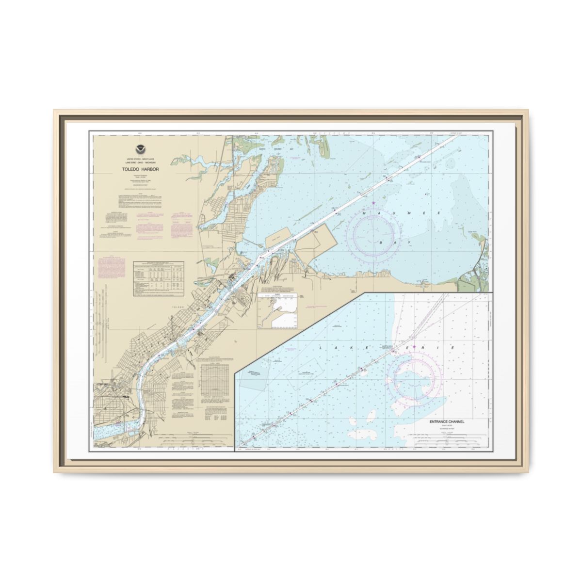 Chart 14847 Toledo Harbor;Entrance Channel to Harbor - NOAA Nautical Chart Floating Frame Canvas | 32" x 24" | 40" x 30" - Natural front