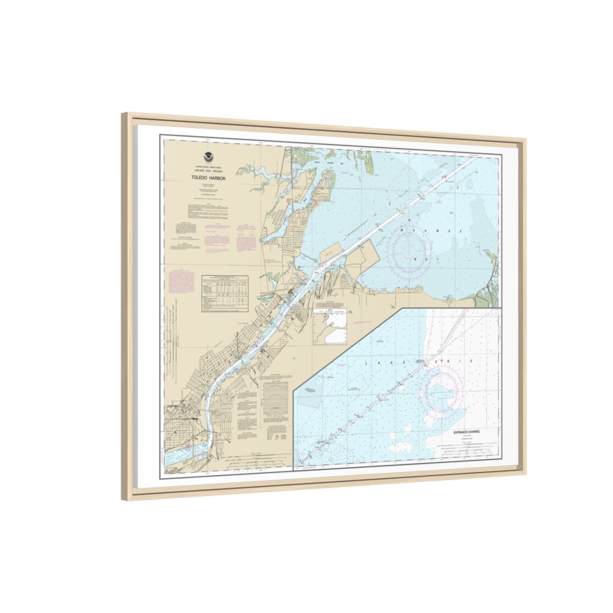 Chart 14847 Toledo Harbor;Entrance Channel to Harbor - NOAA Nautical Chart Floating Frame Canvas | 32" x 24" | 40" x 30" - Natural side