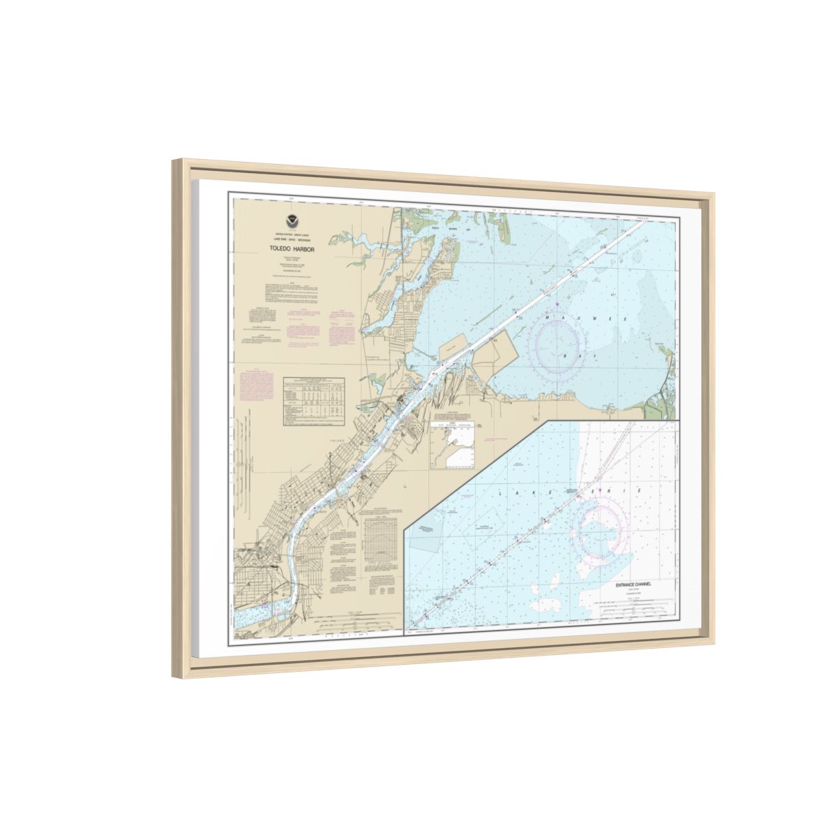 Chart 14847 Toledo Harbor;Entrance Channel to Harbor - NOAA Nautical Chart Floating Frame Canvas | 32" x 24" | 40" x 30" - Natural side