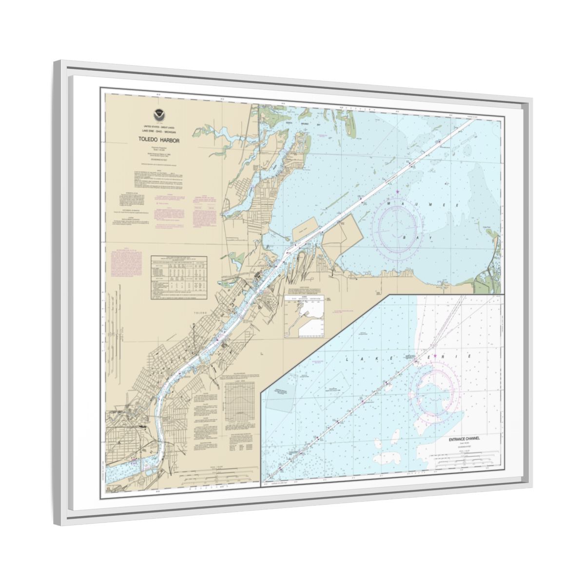Chart 14847 Toledo Harbor;Entrance Channel to Harbor - NOAA Nautical Chart Floating Frame Canvas | 32" x 24" | 40" x 30" - White side