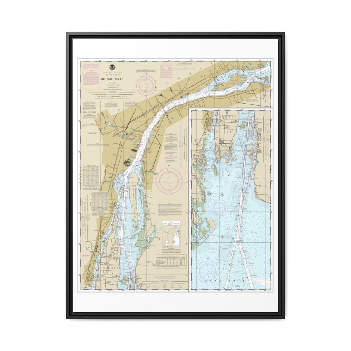 Chart 14848 Detroit River - NOAA Nautical Chart Floating Frame Canvas | 24" x 32" | 30" x 40" - Black front