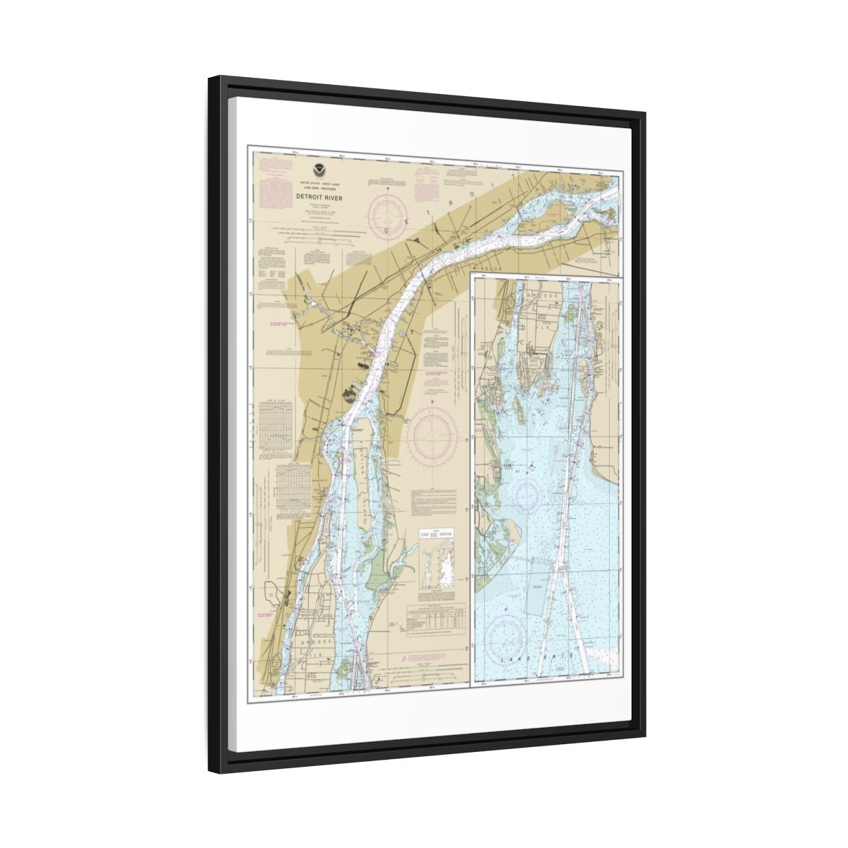 Chart 14848 Detroit River - NOAA Nautical Chart Floating Frame Canvas | 24" x 32" | 30" x 40" - Black side