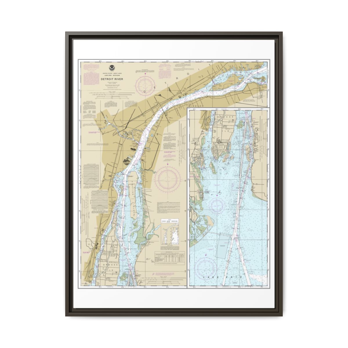 Chart 14848 Detroit River - NOAA Nautical Chart Floating Frame Canvas | 24" x 32" | 30" x 40" - Espresso front