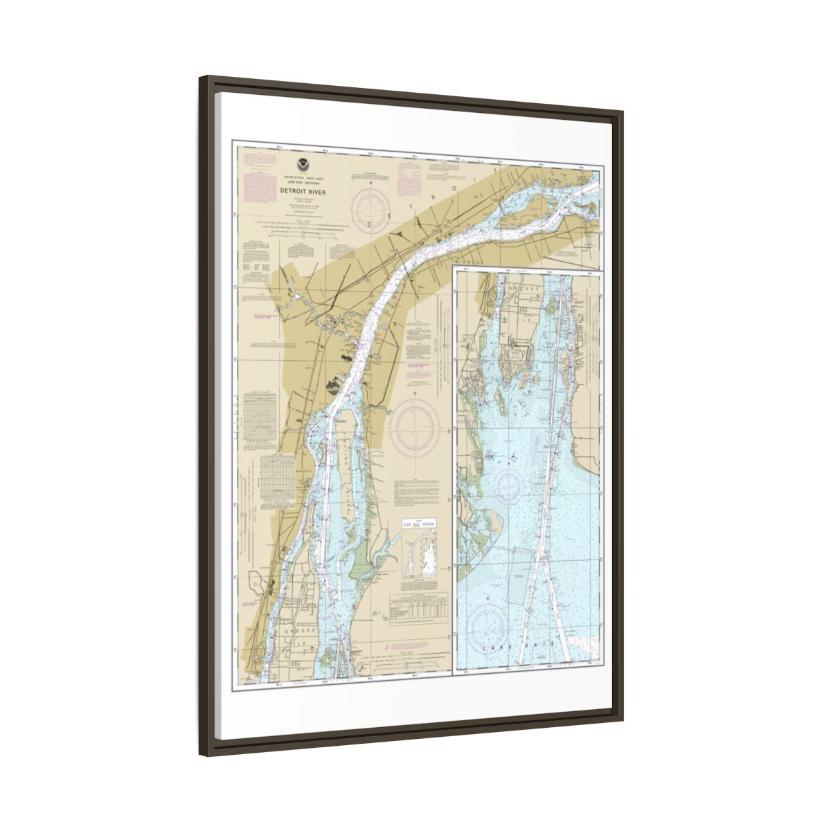 Chart 14848 Detroit River - NOAA Nautical Chart Floating Frame Canvas | 24" x 32" | 30" x 40" - Espresso side