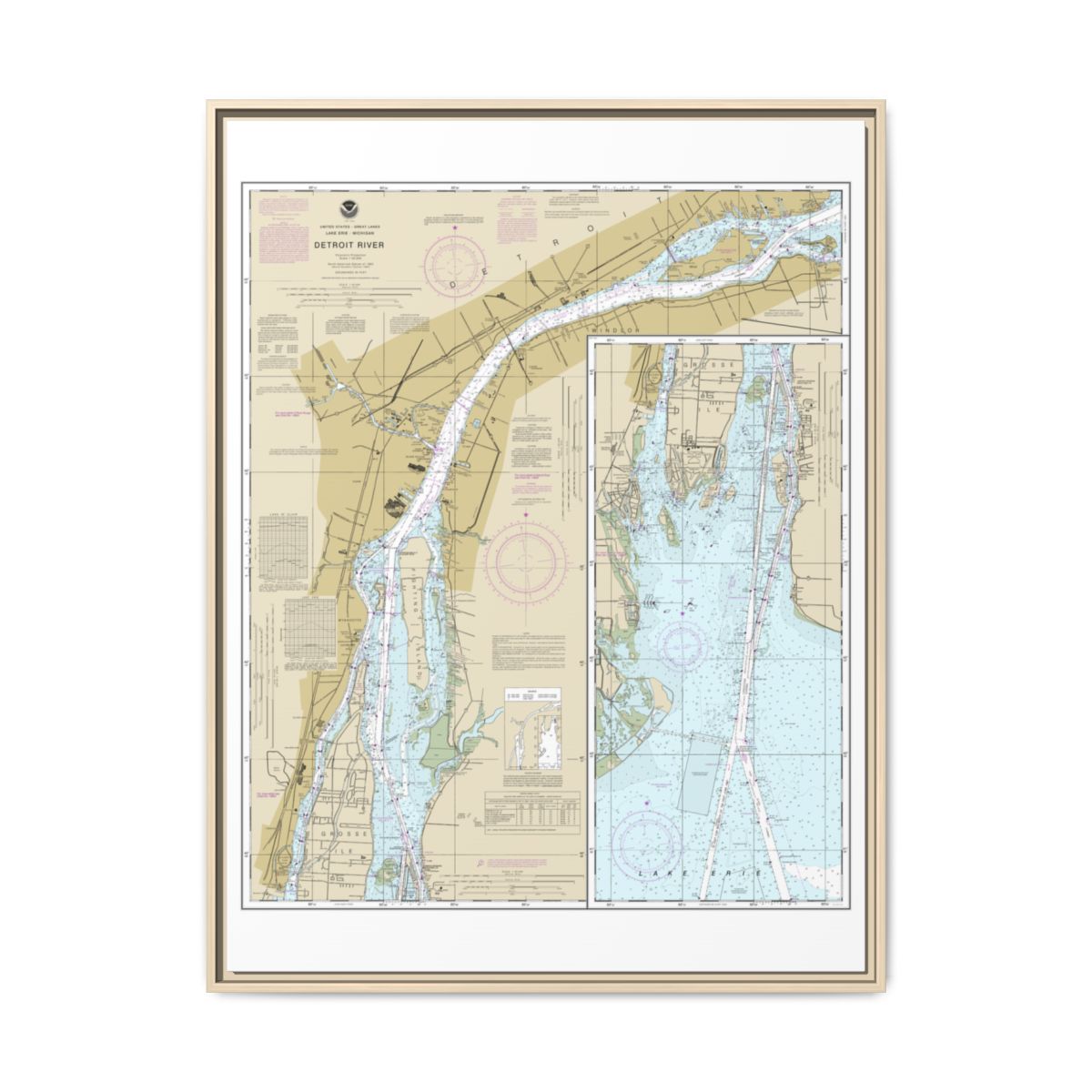 Chart 14848 Detroit River - NOAA Nautical Chart Floating Frame Canvas | 24" x 32" | 30" x 40" - Natural front