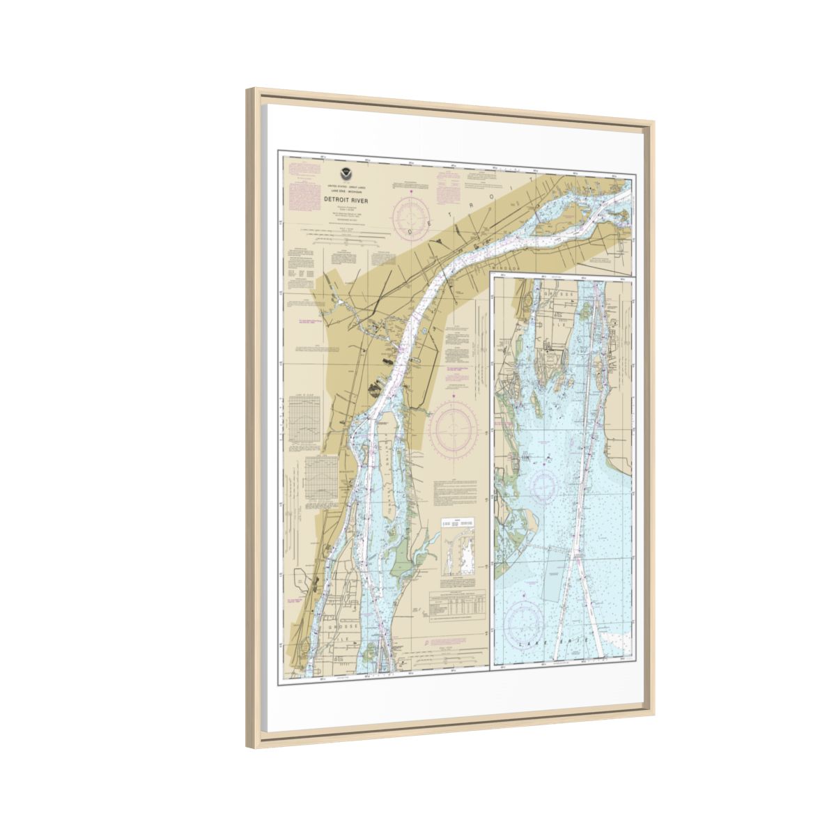 Chart 14848 Detroit River - NOAA Nautical Chart Floating Frame Canvas | 24" x 32" | 30" x 40" - Natural side