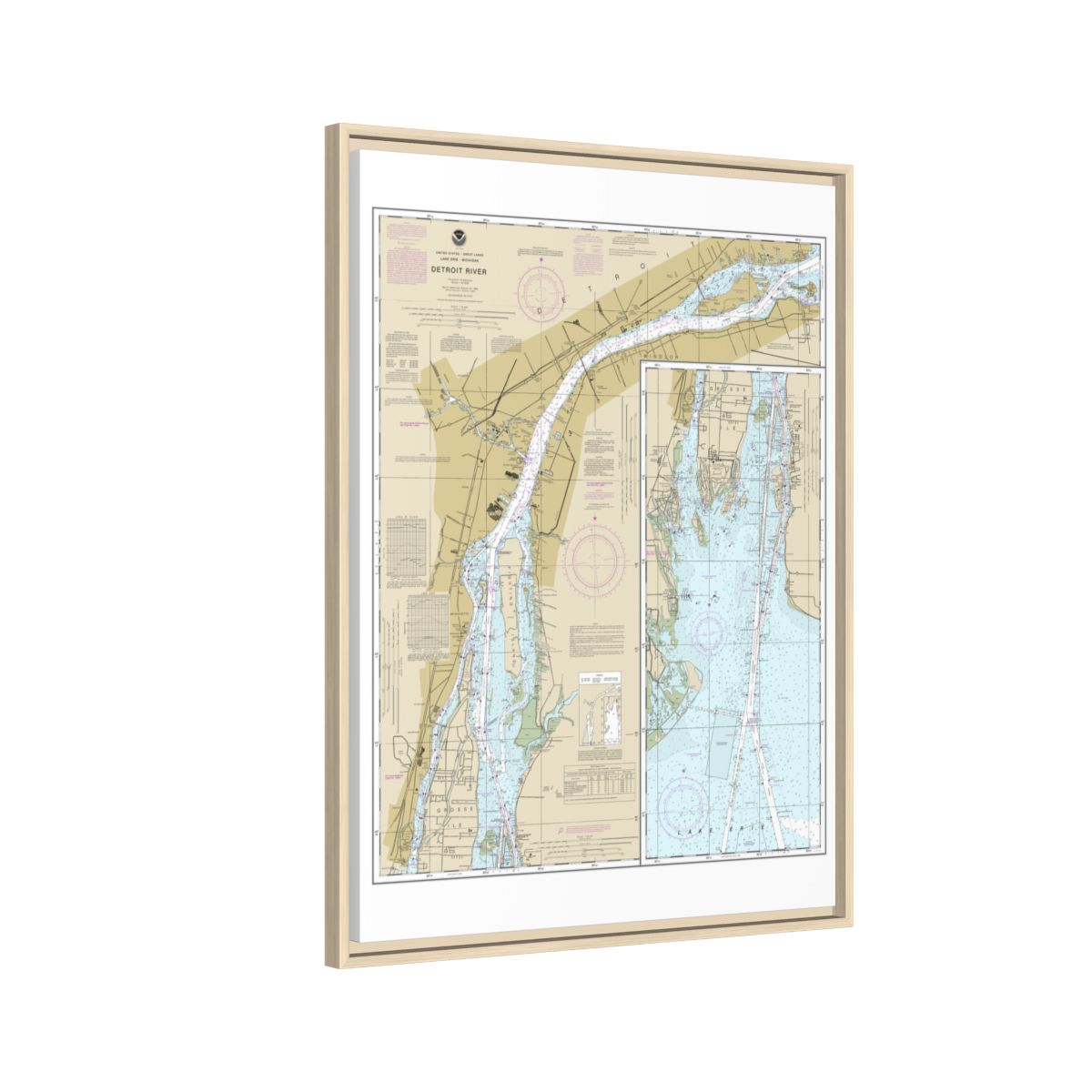 Chart 14848 Detroit River - NOAA Nautical Chart Floating Frame Canvas | 24" x 32" | 30" x 40" - Natural side