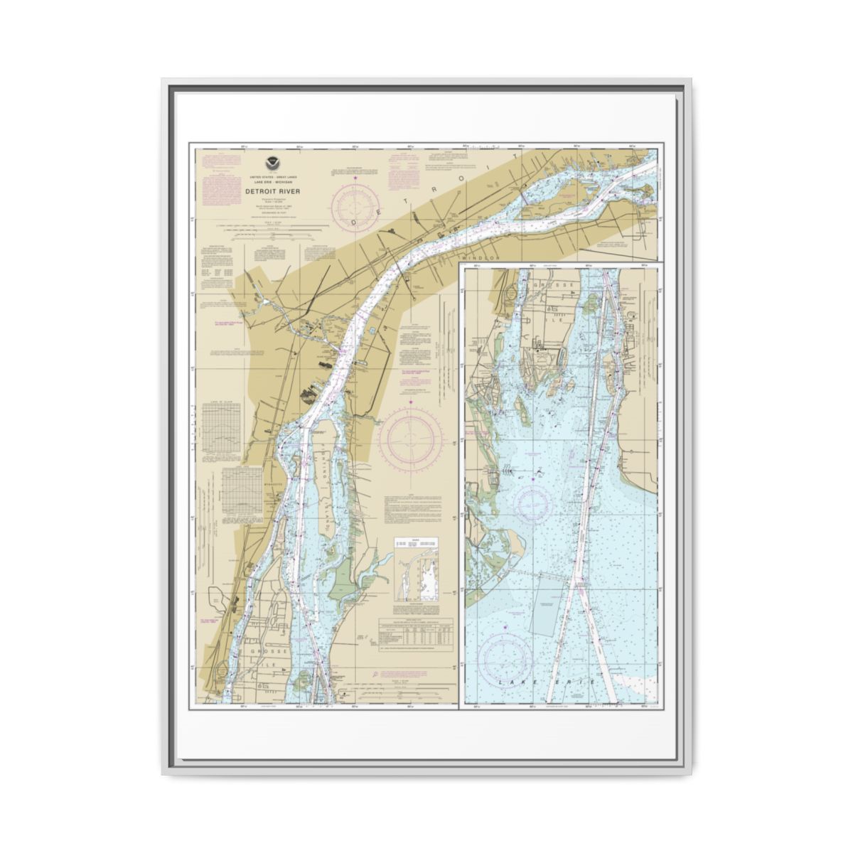 Chart 14848 Detroit River - NOAA Nautical Chart Floating Frame Canvas | 24" x 32" | 30" x 40" - White front