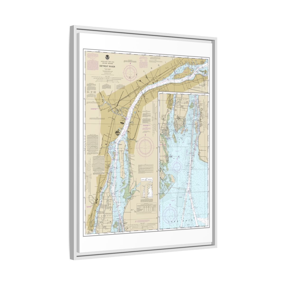 Chart 14848 Detroit River - NOAA Nautical Chart Floating Frame Canvas | 24" x 32" | 30" x 40" - White side