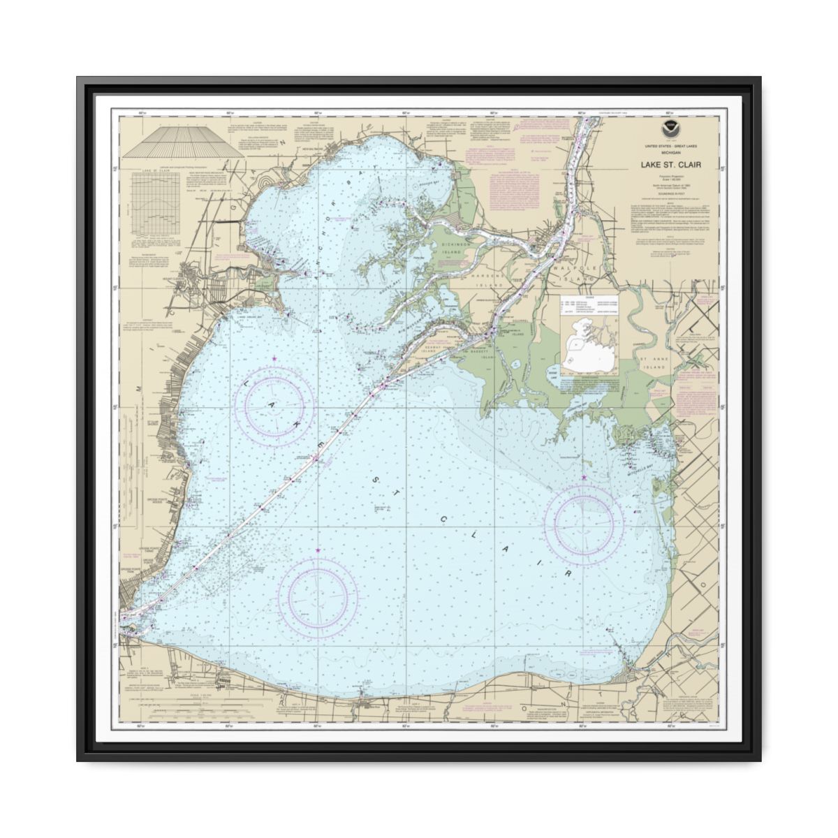 Chart 14850 Lake St. Clair - NOAA Nautical Chart Floating Frame Canvas | 32" x 32" - Black front