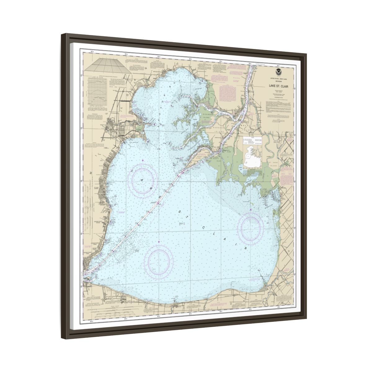 Chart 14850 Lake St. Clair - NOAA Nautical Chart Floating Frame Canvas | 32" x 32" - Espresso side
