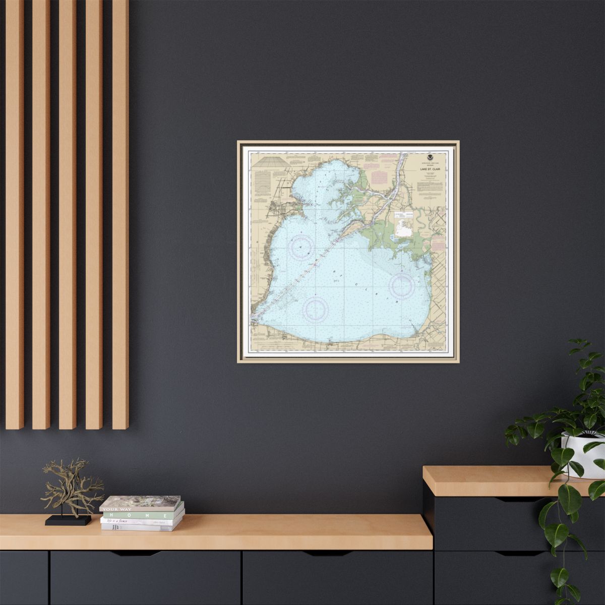 Chart 14850 Lake St. Clair - NOAA Nautical Chart Floating Frame Canvas | 32" x 32" - Natural context-2