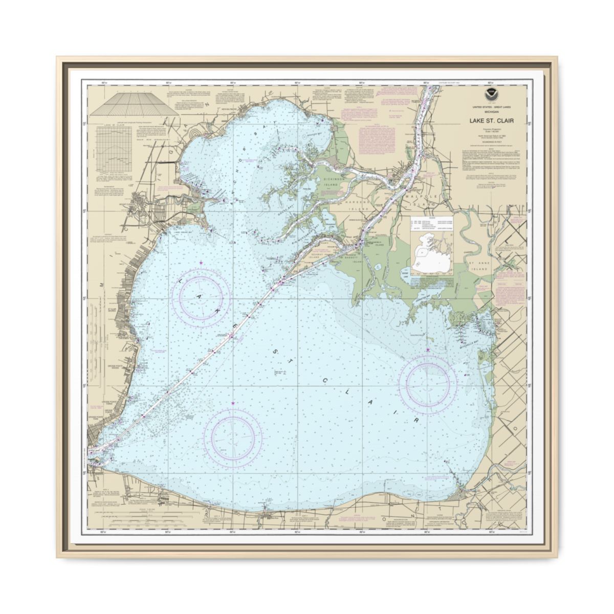 Chart 14850 Lake St. Clair - NOAA Nautical Chart Floating Frame Canvas | 32" x 32" - Natural front