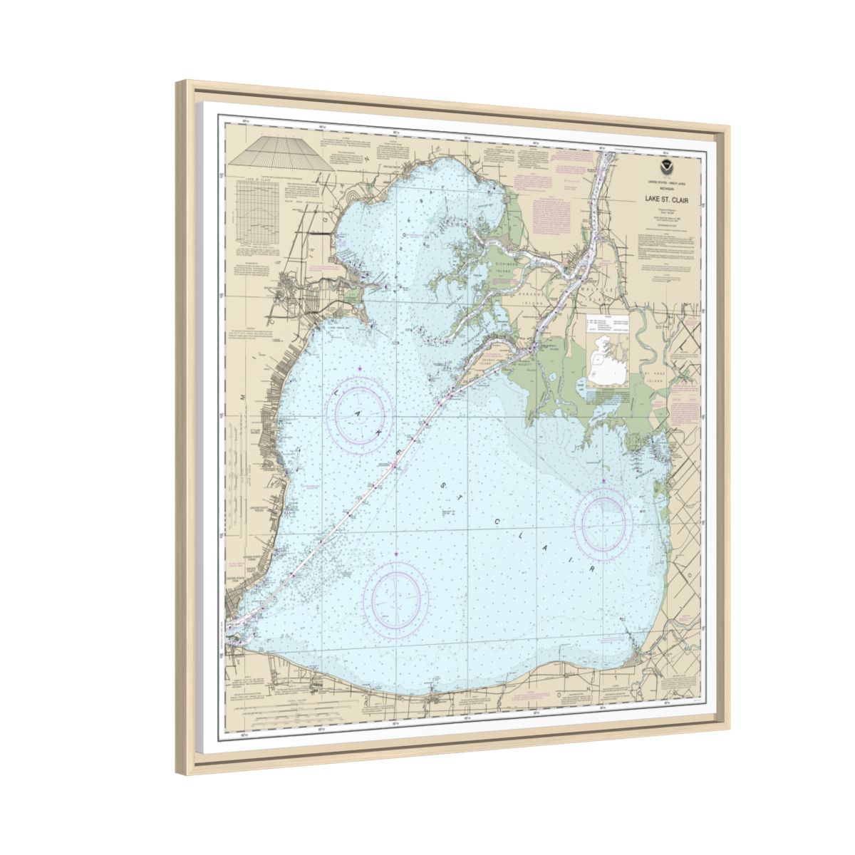 Chart 14850 Lake St. Clair - NOAA Nautical Chart Floating Frame Canvas | 32" x 32" - Natural side