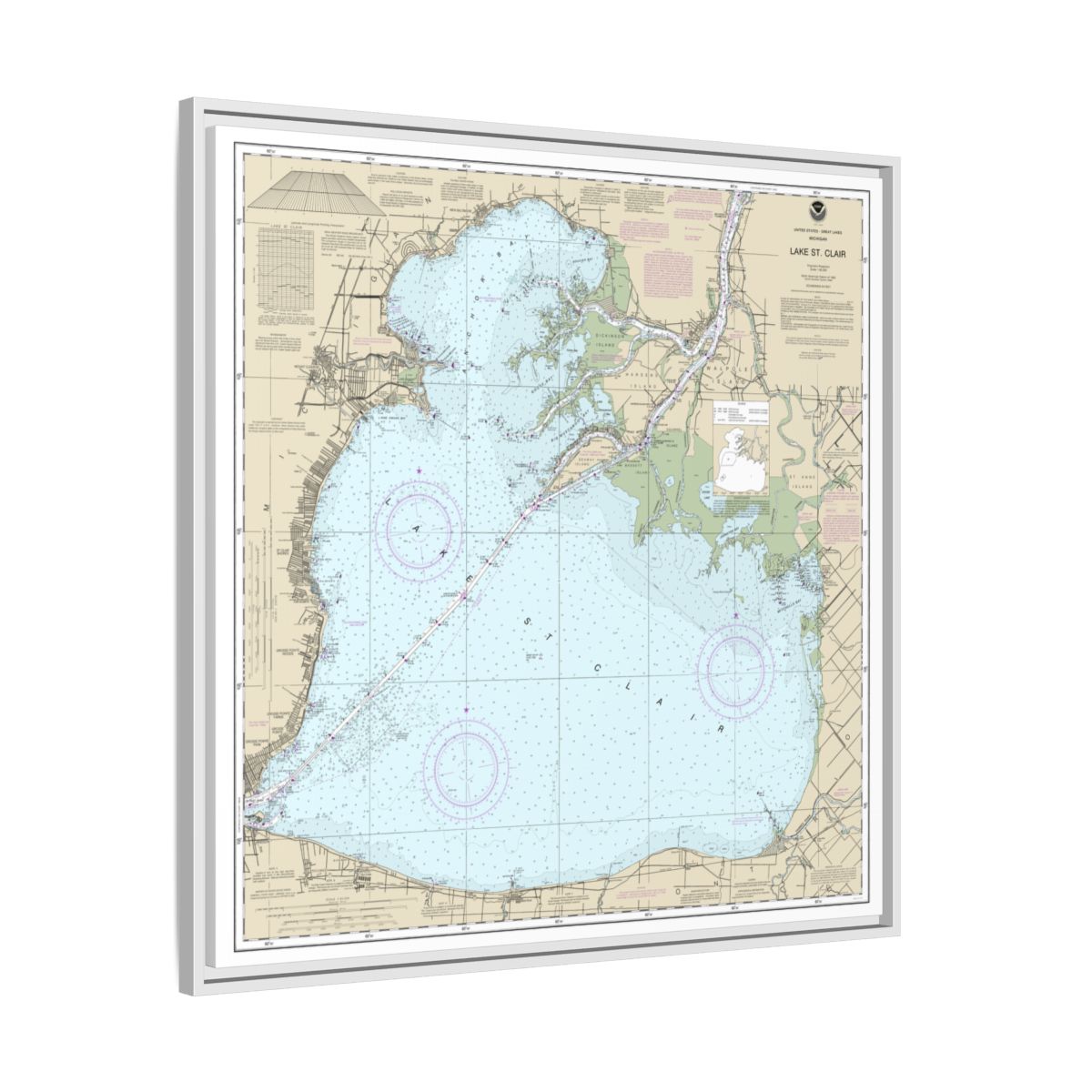 Chart 14850 Lake St. Clair - NOAA Nautical Chart Floating Frame Canvas | 32" x 32" - White side
