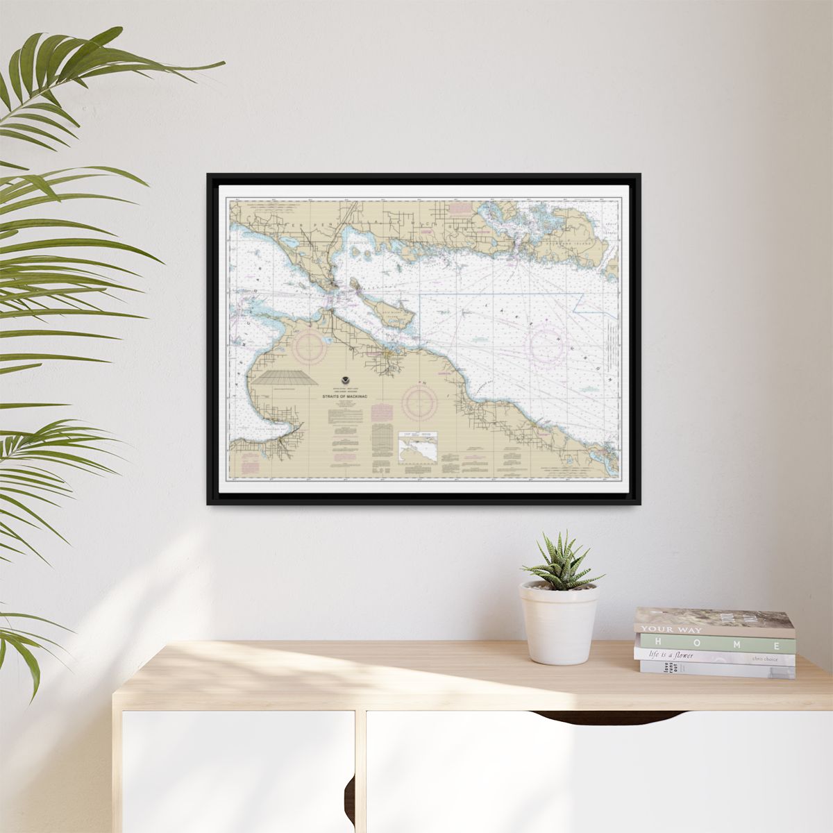Chart 14880 Straits of Mackinac - NOAA Nautical Chart Floating Frame Canvas | 32" x 24" | 40" x 30" - Black context-1