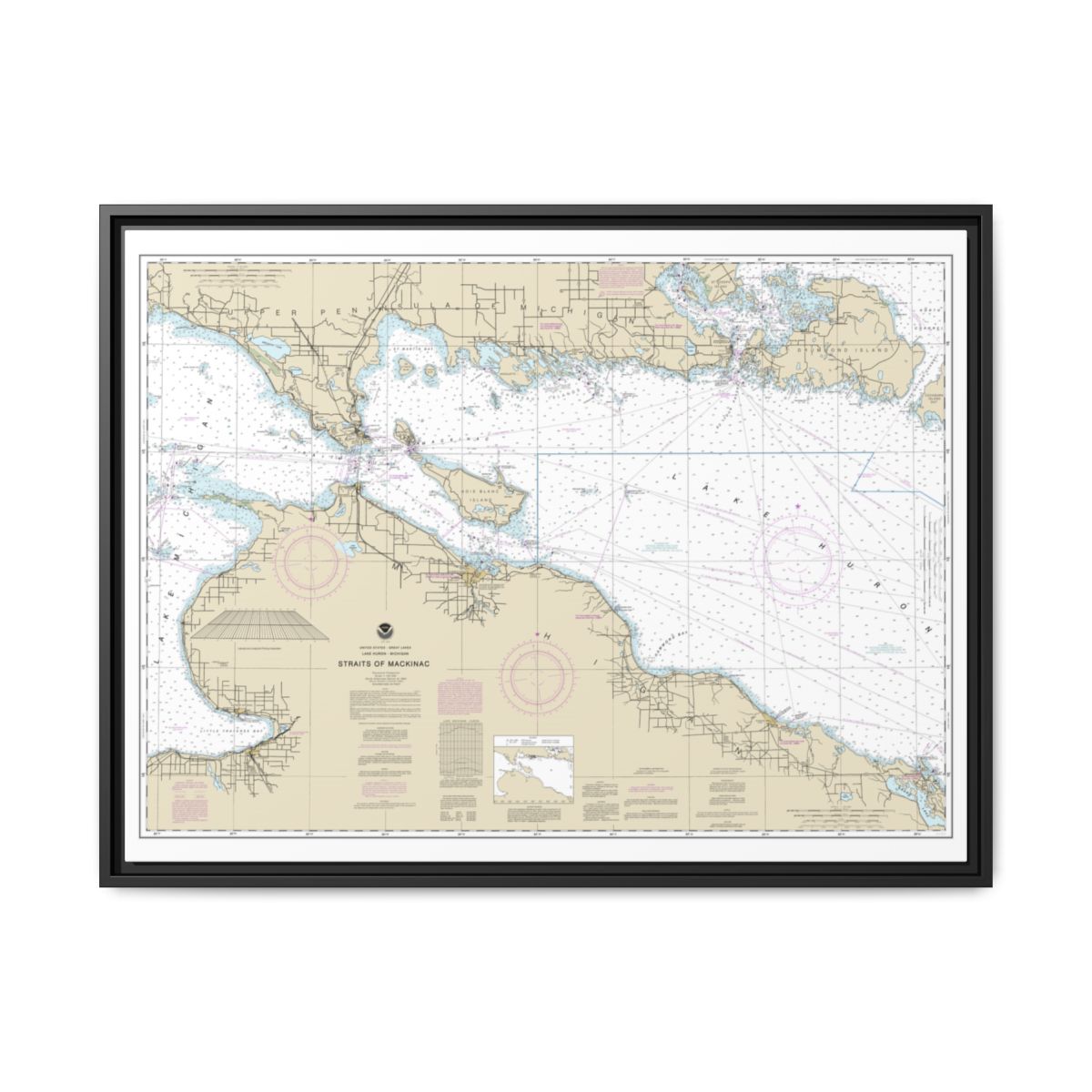 Chart 14880 Straits of Mackinac - NOAA Nautical Chart Floating Frame Canvas | 32" x 24" | 40" x 30" - Black front
