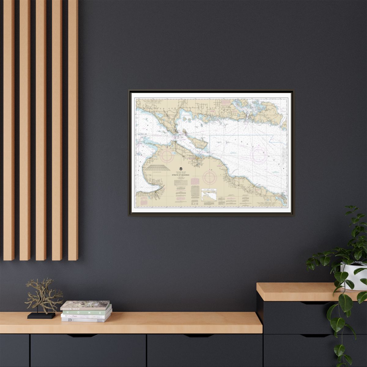 Chart 14880 Straits of Mackinac - NOAA Nautical Chart Floating Frame Canvas | 32" x 24" | 40" x 30" - Espresso context-2