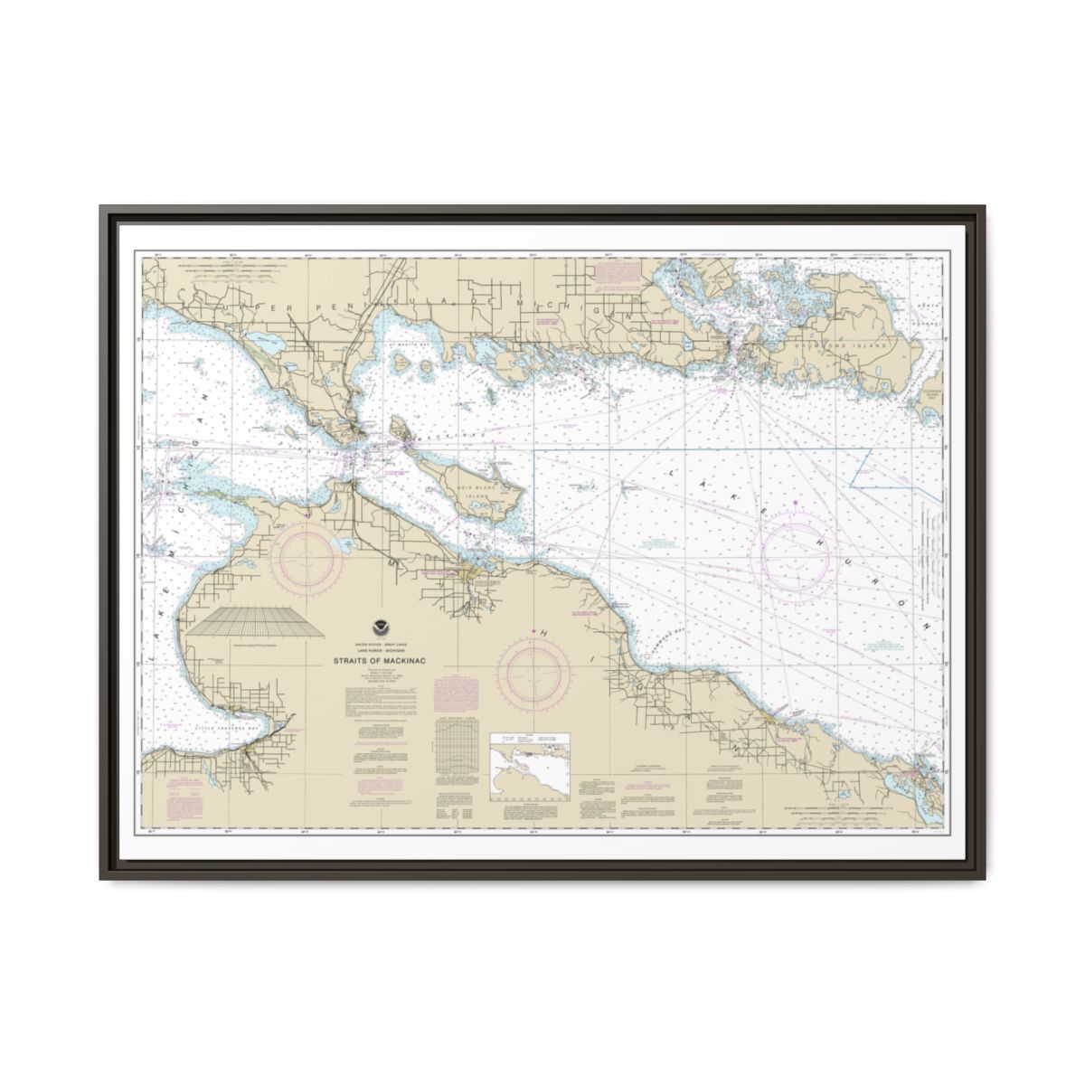 Chart 14880 Straits of Mackinac - NOAA Nautical Chart Floating Frame Canvas | 32" x 24" | 40" x 30" - Espresso front