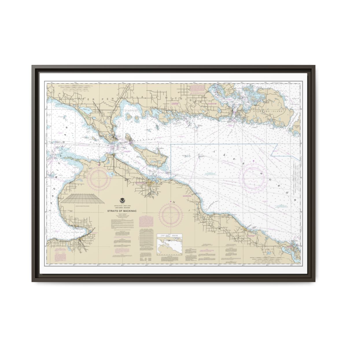 Chart 14880 Straits of Mackinac - NOAA Nautical Chart Floating Frame Canvas | 32" x 24" | 40" x 30" - Espresso front