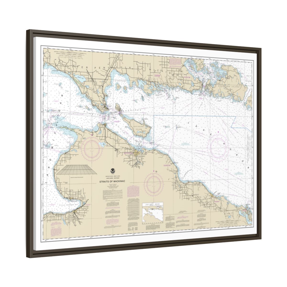 Chart 14880 Straits of Mackinac - NOAA Nautical Chart Floating Frame Canvas | 32" x 24" | 40" x 30" - Espresso side