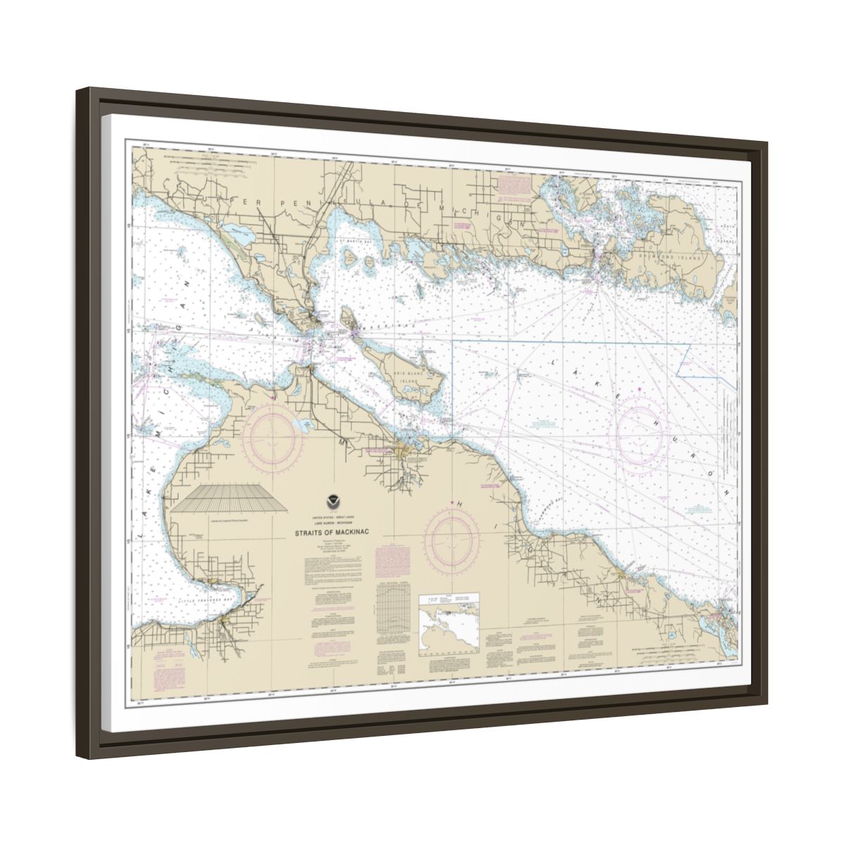 Chart 14880 Straits of Mackinac - NOAA Nautical Chart Floating Frame Canvas | 32" x 24" | 40" x 30" - Espresso side