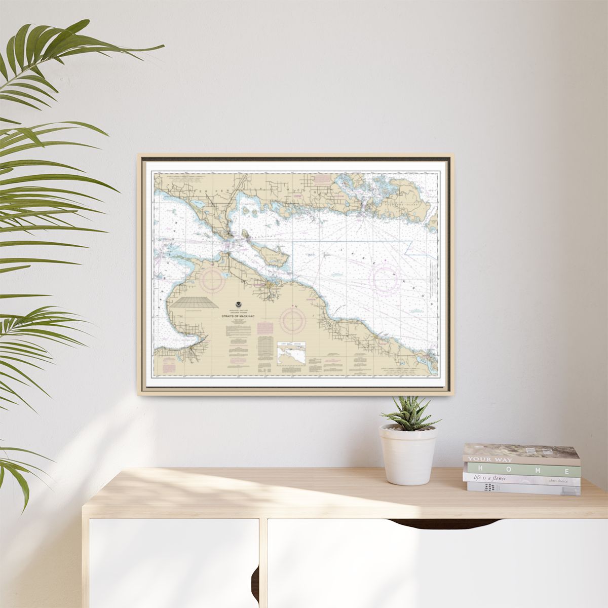Chart 14880 Straits of Mackinac - NOAA Nautical Chart Floating Frame Canvas | 32" x 24" | 40" x 30" - Natural context-1