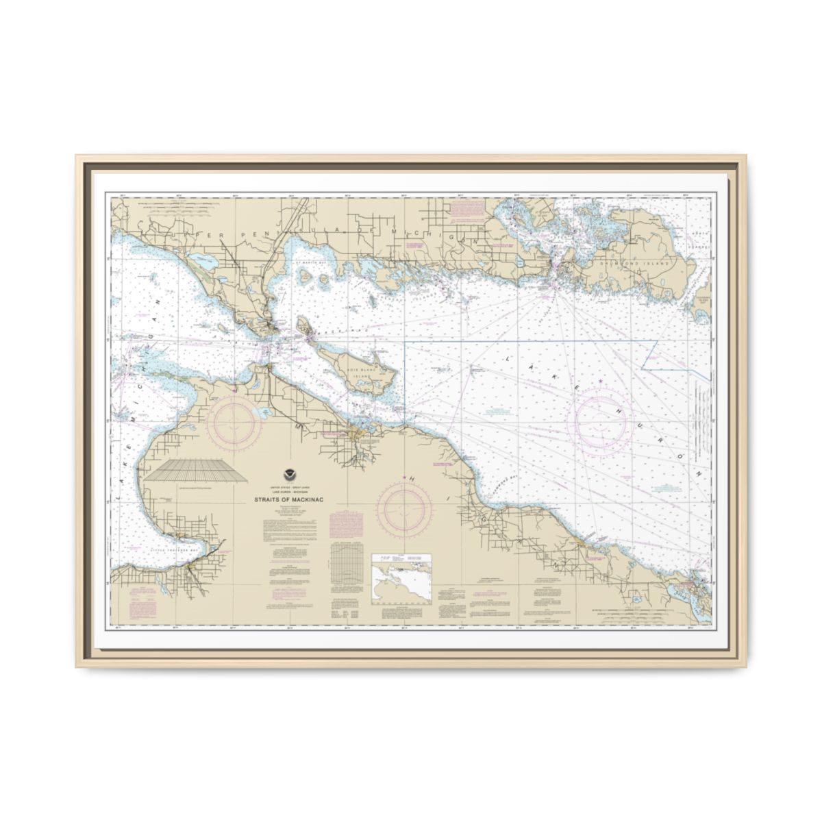Chart 14880 Straits of Mackinac - NOAA Nautical Chart Floating Frame Canvas | 32" x 24" | 40" x 30" - Natural front
