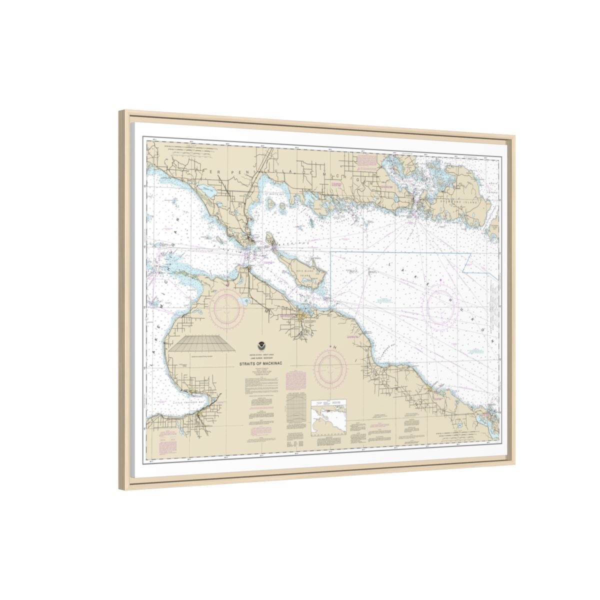 Chart 14880 Straits of Mackinac - NOAA Nautical Chart Floating Frame Canvas | 32" x 24" | 40" x 30" - Natural side