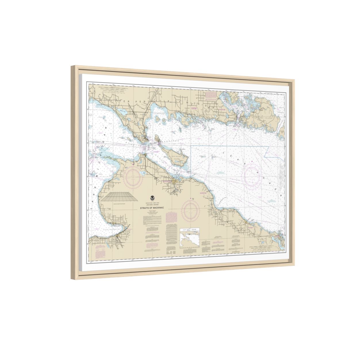Chart 14880 Straits of Mackinac - NOAA Nautical Chart Floating Frame Canvas | 32" x 24" | 40" x 30" - Natural side