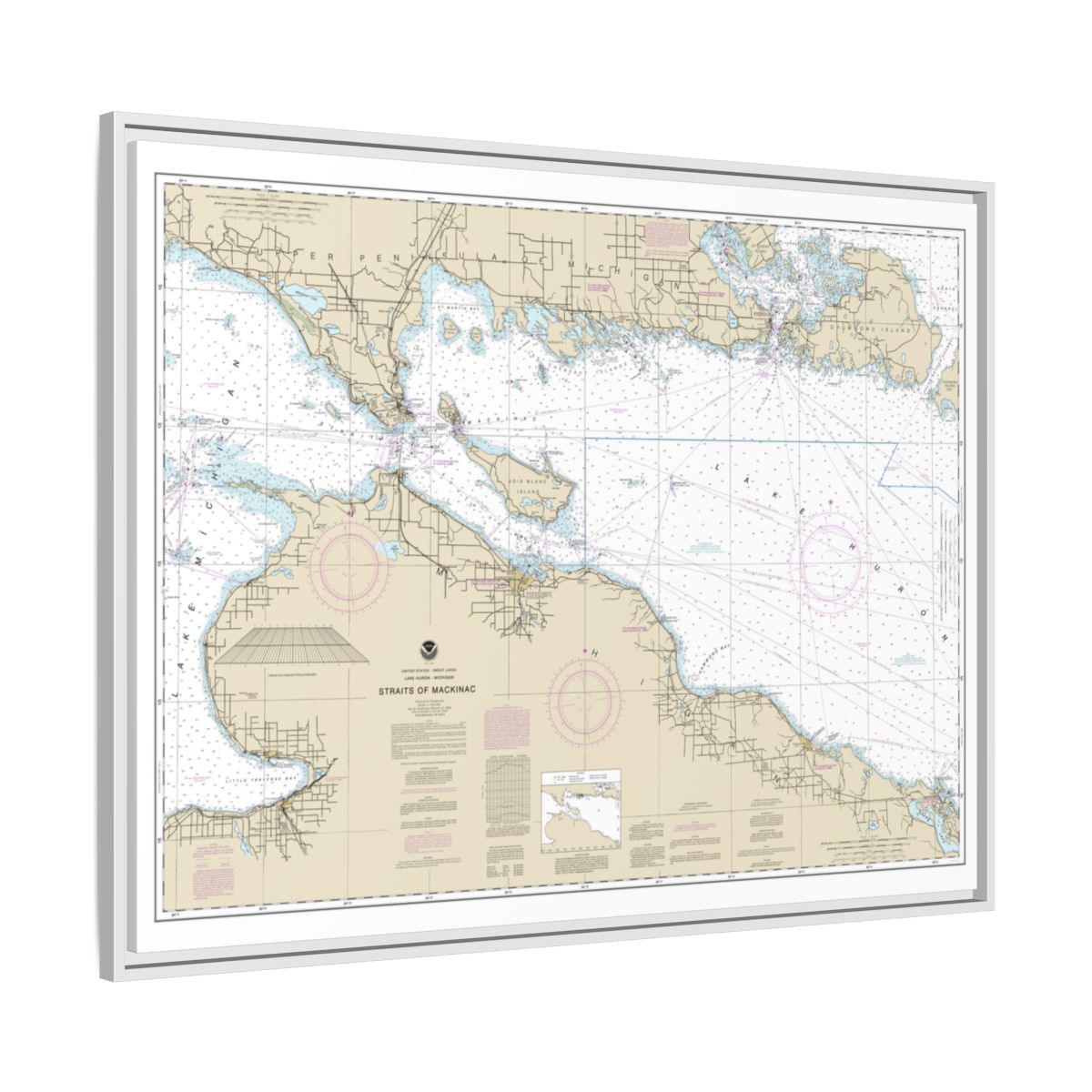 Chart 14880 Straits of Mackinac - NOAA Nautical Chart Floating Frame Canvas | 32" x 24" | 40" x 30" - White side