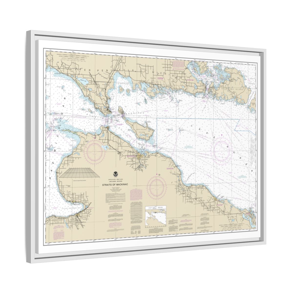 Chart 14880 Straits of Mackinac - NOAA Nautical Chart Floating Frame Canvas | 32" x 24" | 40" x 30" - White side