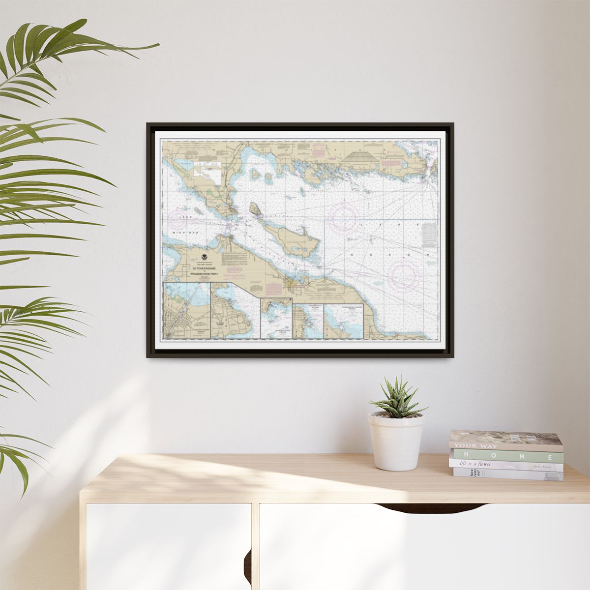 Chart 14881 Detour Passage to Waugoshance Pt.;Hammond Bay Harbor;Mackinac Island;Cheboygan;Mackinaw City;St. lgnace - NOAA Nautical Chart Floating Frame Canvas | 32" x 24" | 40" x 30" - Espresso context-1