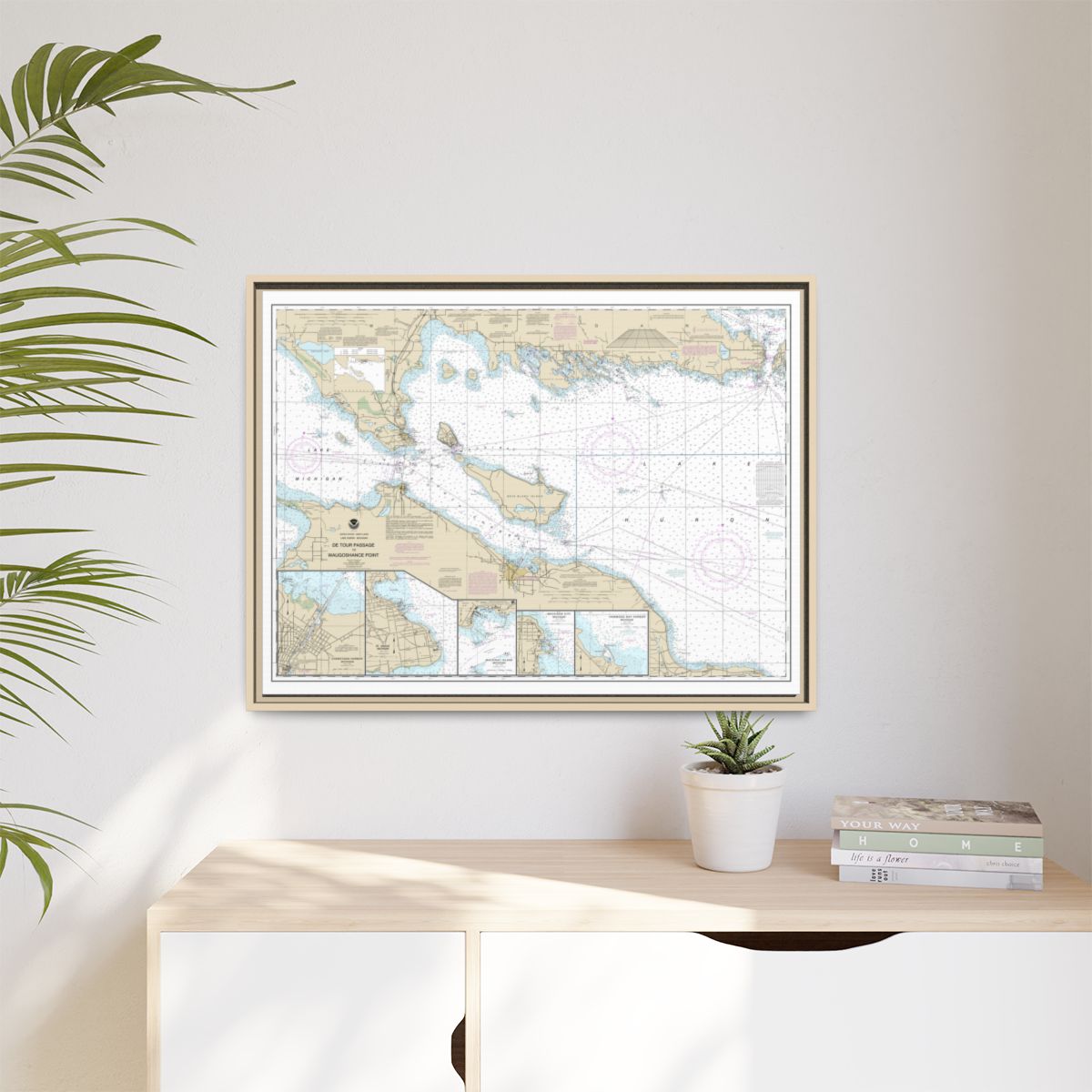 Chart 14881 Detour Passage to Waugoshance Pt.;Hammond Bay Harbor;Mackinac Island;Cheboygan;Mackinaw City;St. lgnace - NOAA Nautical Chart Floating Frame Canvas | 32" x 24" | 40" x 30" - Natural context-1