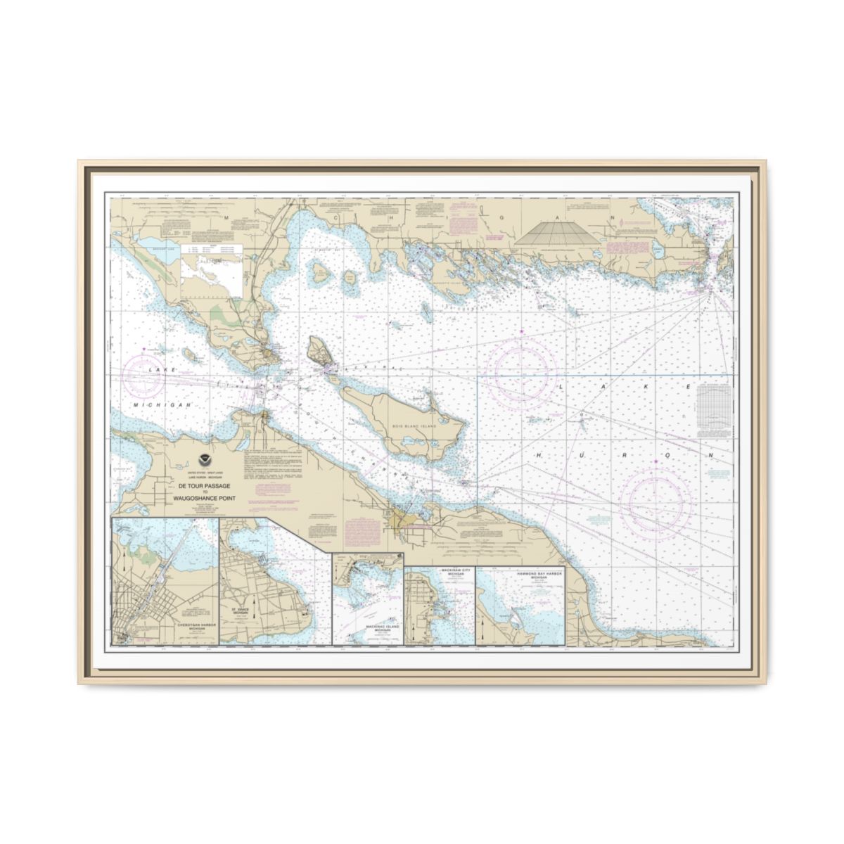 Chart 14881 Detour Passage to Waugoshance Pt.;Hammond Bay Harbor;Mackinac Island;Cheboygan;Mackinaw City;St. lgnace - NOAA Nautical Chart Floating Frame Canvas | 32" x 24" | 40" x 30" - Natural front