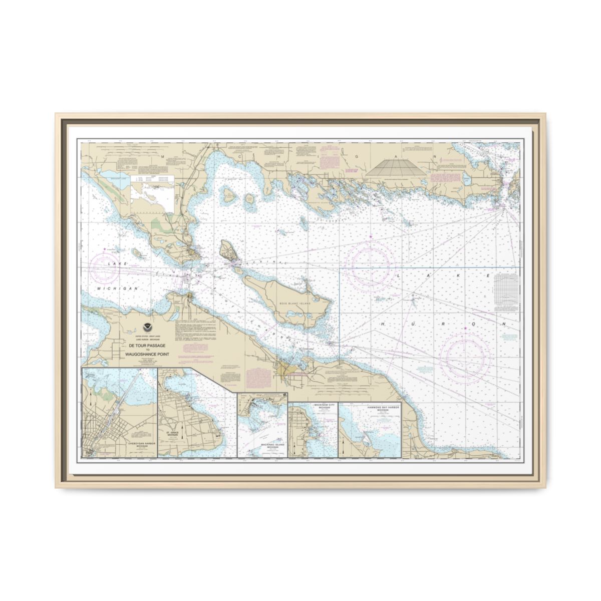 Chart 14881 Detour Passage to Waugoshance Pt.;Hammond Bay Harbor;Mackinac Island;Cheboygan;Mackinaw City;St. lgnace - NOAA Nautical Chart Floating Frame Canvas | 32" x 24" | 40" x 30" - Natural front