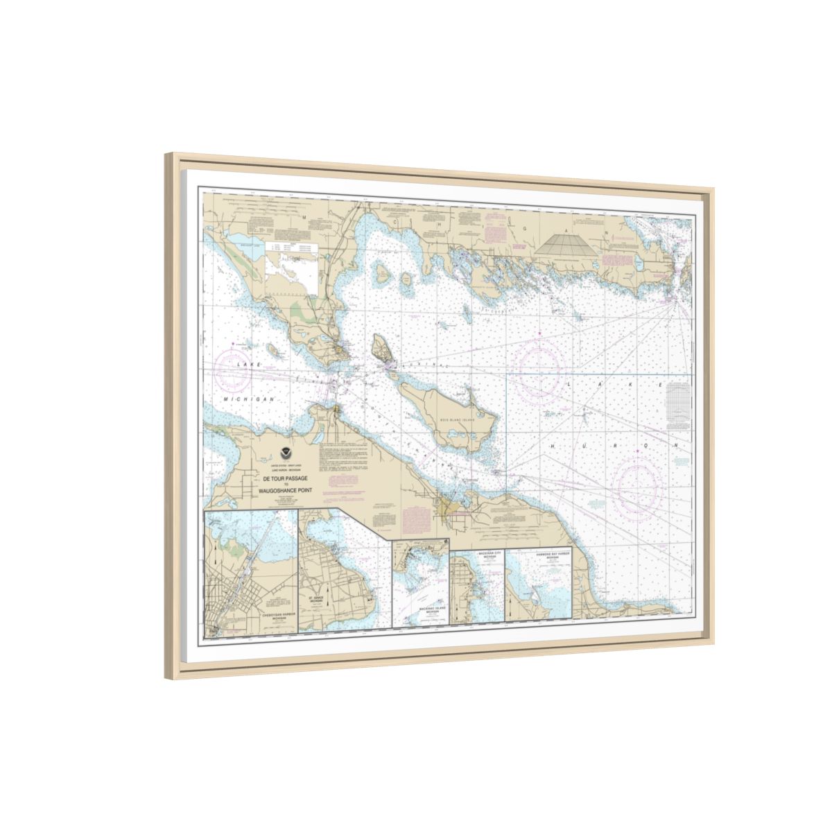Chart 14881 Detour Passage to Waugoshance Pt.;Hammond Bay Harbor;Mackinac Island;Cheboygan;Mackinaw City;St. lgnace - NOAA Nautical Chart Floating Frame Canvas | 32" x 24" | 40" x 30" - Natural side